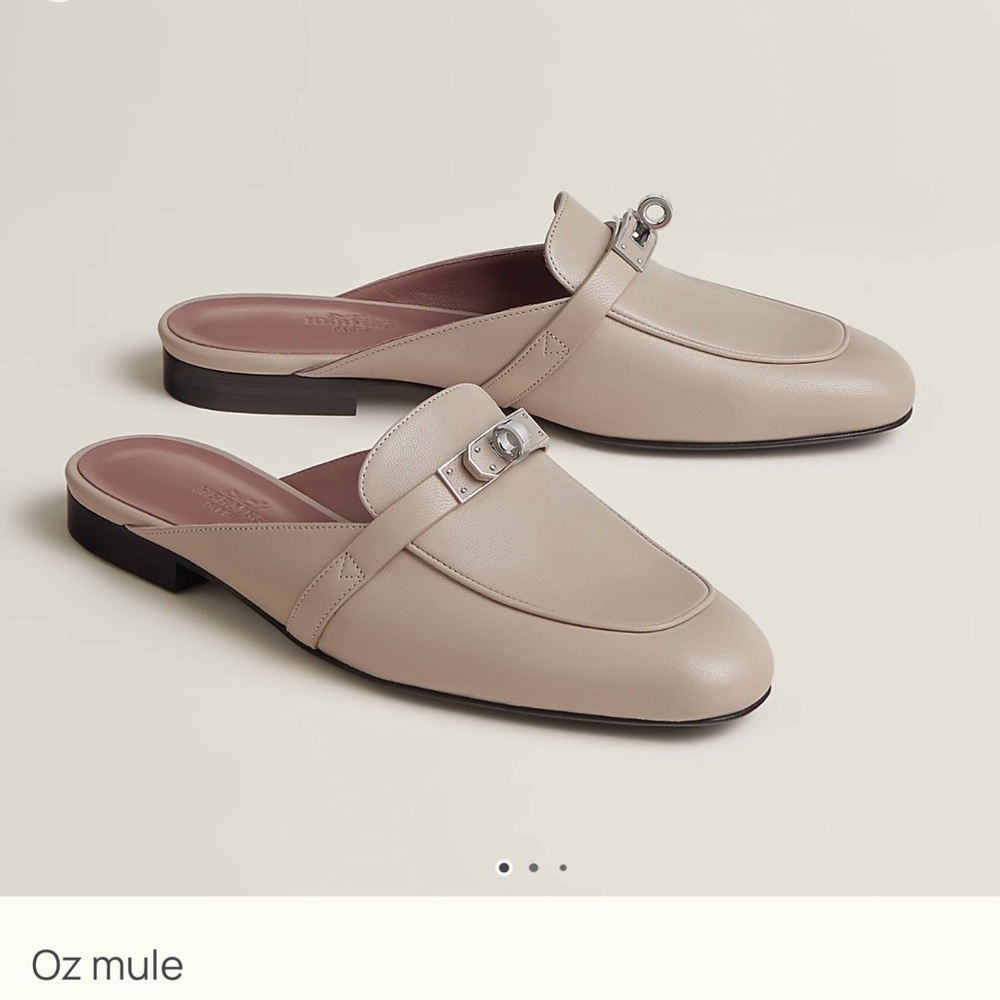 Brand New! Hermes Oz Beige Galet Leather Mules size 37.5 FR 7.5 US